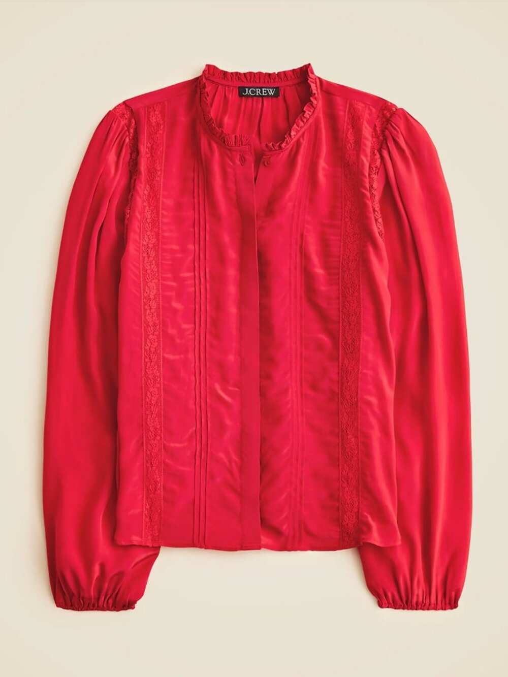 J.Crew Lace-Trim Pintuck Top in Crepe de Chine 8 Vintage Ruby